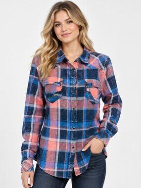 BKE | Buckle Womens Western Shirt Pearl Snap Eased Fit Pink Blue Plaid Size L